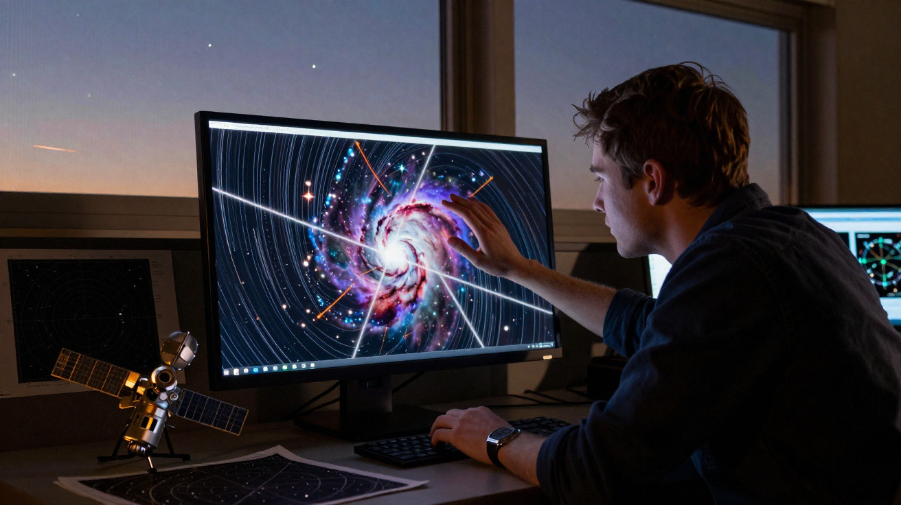 Homem analisa imagem digital de galáxia espiral numa secretária com modelo de satélite e mapas celestes.