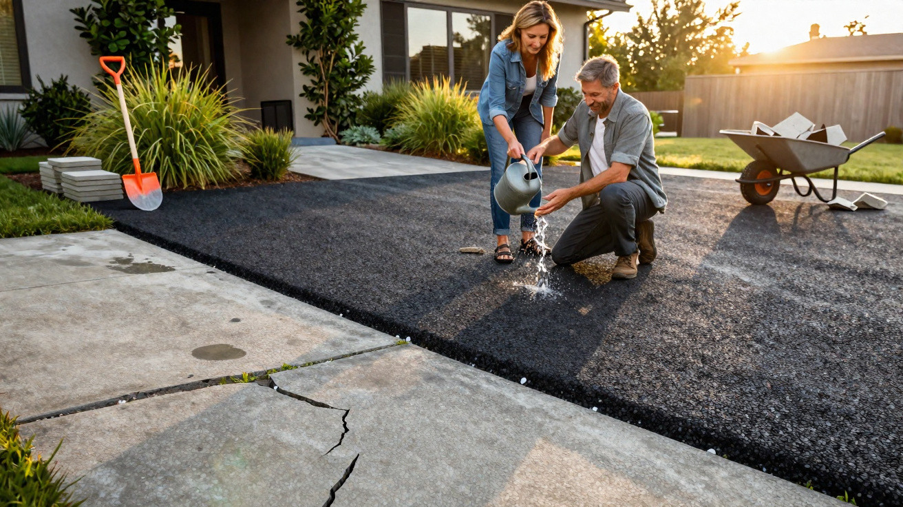 Casal a regar plantas num jardim junto a casa, com ferramentas de jardinagem e carrinho ao fundo.