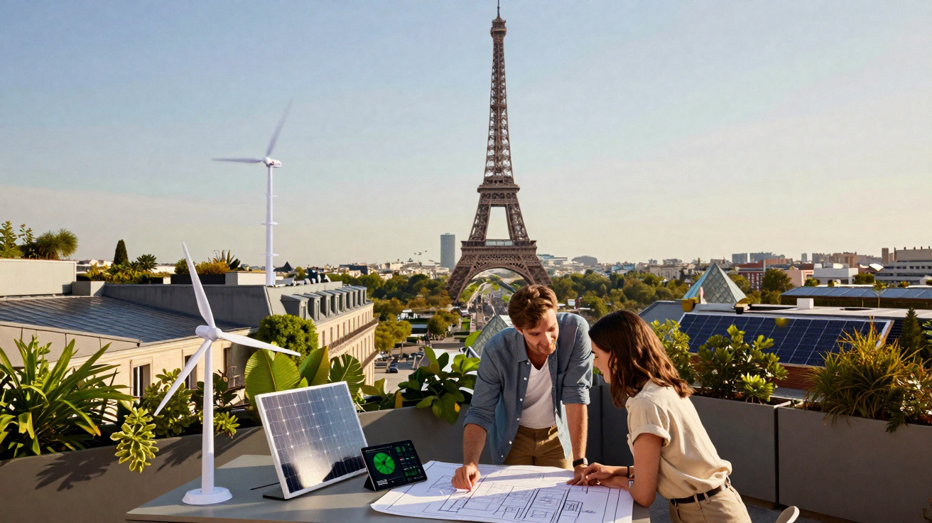 Casal a analisar plantas num terraço com painéis solares, turbinas eólicas e Torre Eiffel ao fundo.