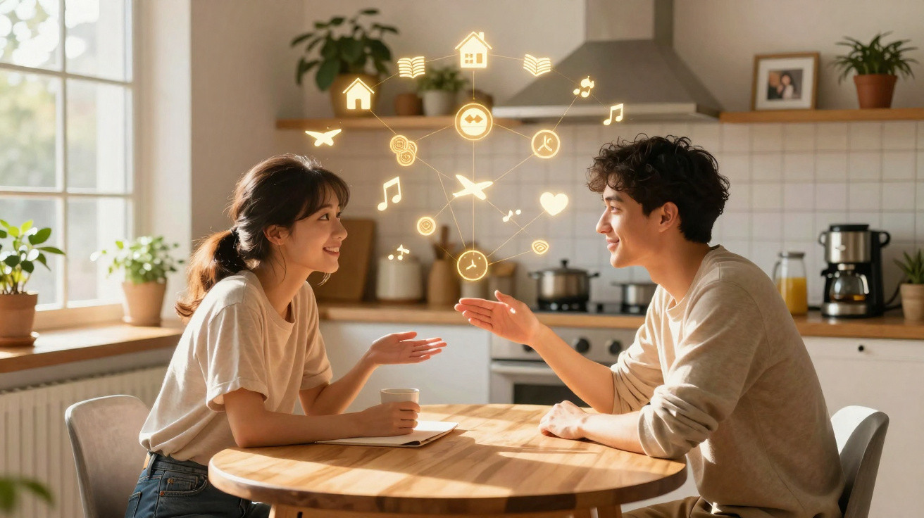Casal jovem sentado numa mesa de cozinha, a falar e sorrir, com ícones digitais de redes sociais flutuando.