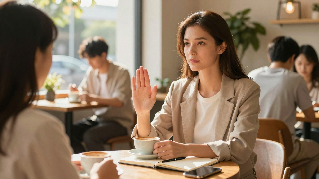 Mulher em café a negar conversa com gesto de mão, outra pessoa de costas visível e ambiente descontraído.