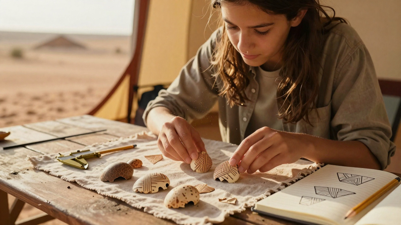 Menina a montar peças arqueológicas com padrões geométricos numa mesa de madeira com apontamentos de desenho.