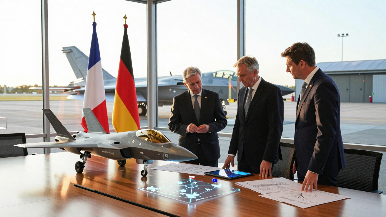 Três homens em fatos analisam maquete de avião militar e mapas numa sala com bandeiras de França e Alemanha ao fundo.