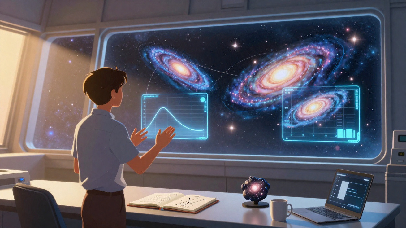Pessoa interage com hologramas de galáxias num laboratório futurista com dados gráficos e computador portátil.