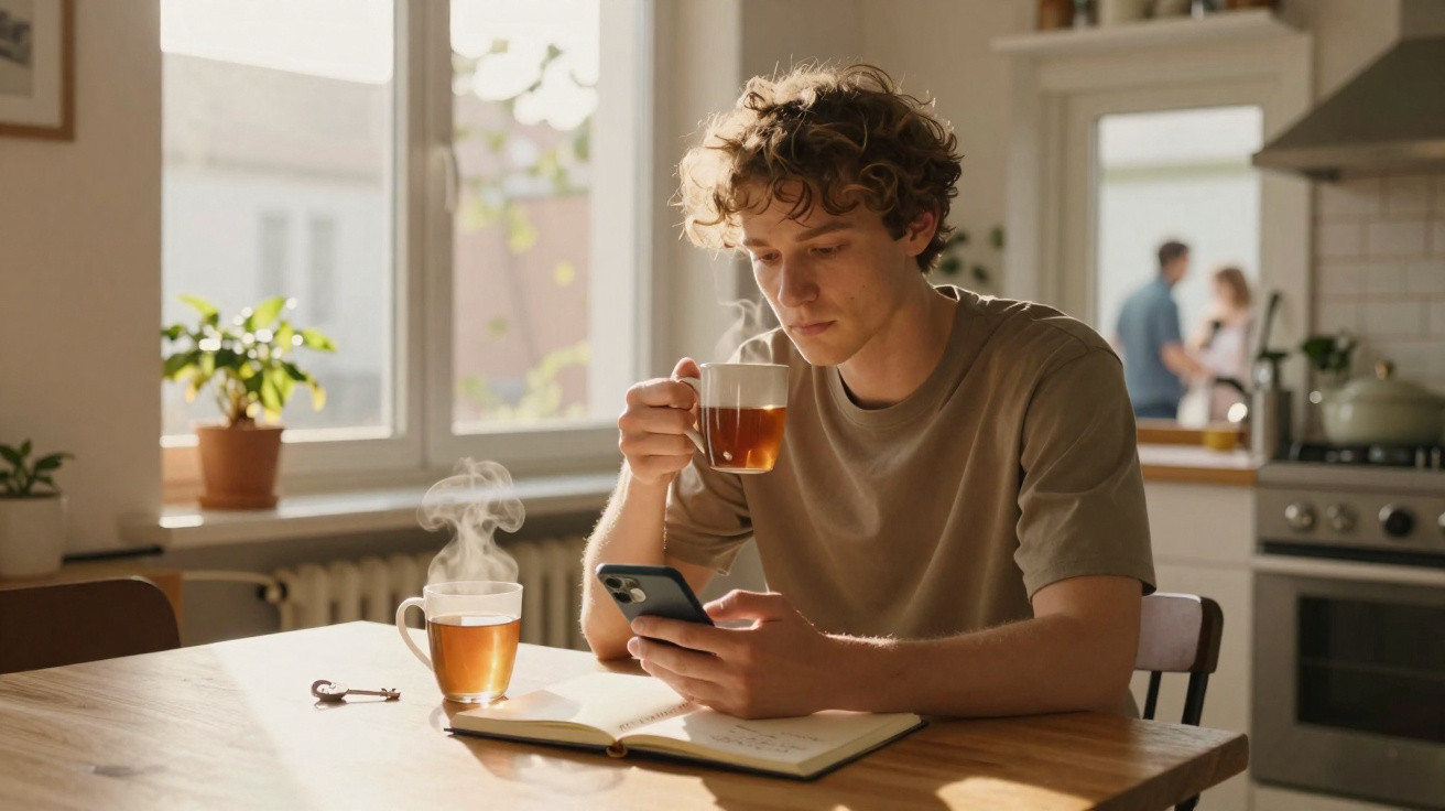 Jovem sentado à mesa com chá, a olhar para o telemóvel, com caderno aberto numa cozinha iluminada a manhã.