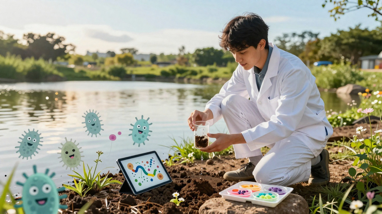 Jovem com bata branca colhe amostra de solo junto a um lago, com ilustrações digitais de microrganismos visíveis.