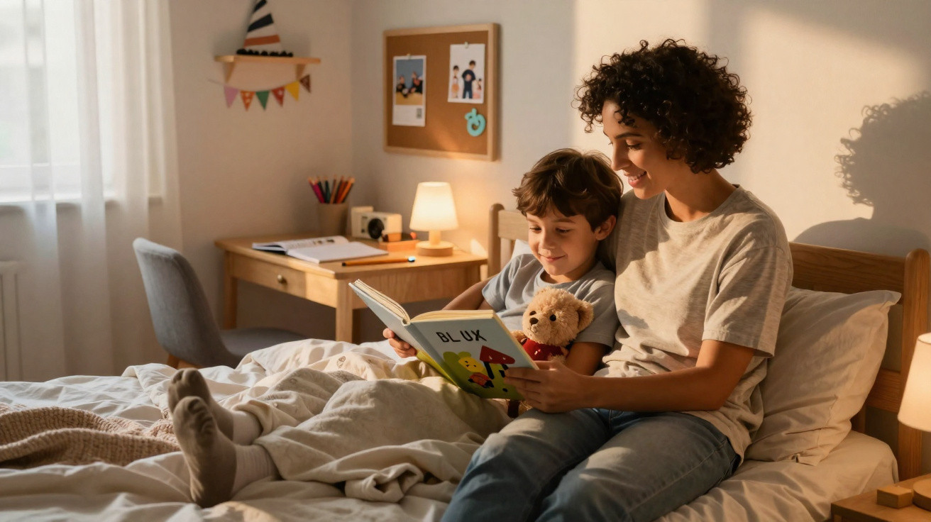 Mãe e filho sentados na cama a ler um livro infantil, com iluminação acolhedora num quarto decorado.