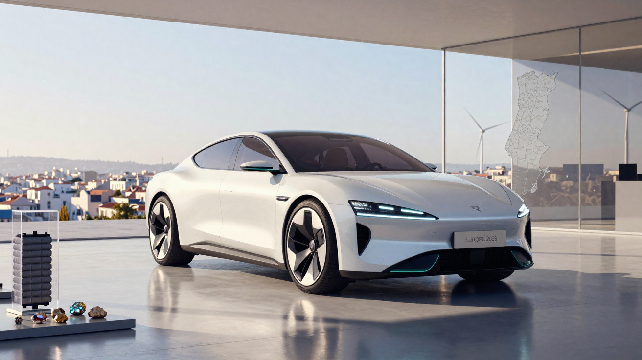 Carro elétrico desportivo branco estacionado em garagem moderna com vista para cidade e turbinas eólicas.