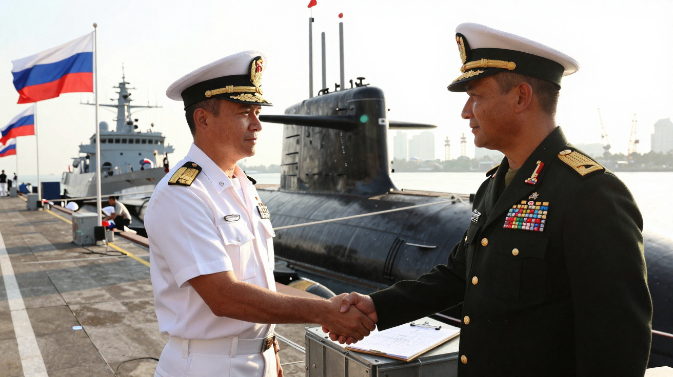 Dois oficiais militares apertam as mãos junto a um submarino e um navio de guerra com bandeiras da Rússia ao fundo.