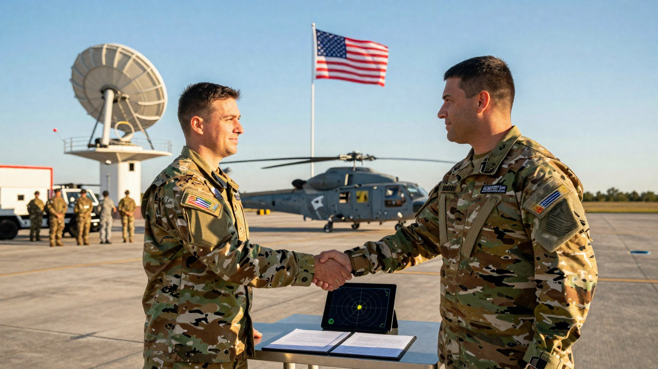 Dois soldados dos EUA apertam as mãos em pista de helicópteros com radar e bandeira americana ao fundo.