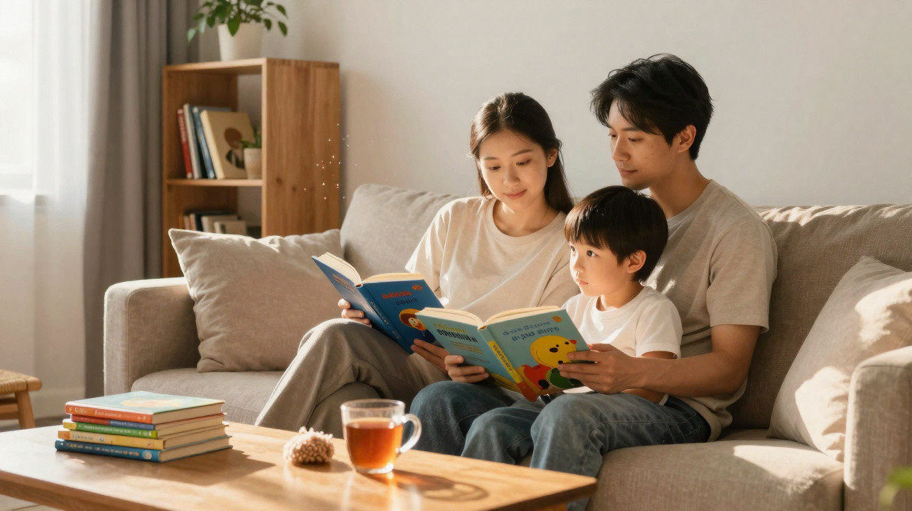 Família asiática sentada no sofá a ler livros infantis juntos numa sala iluminada.