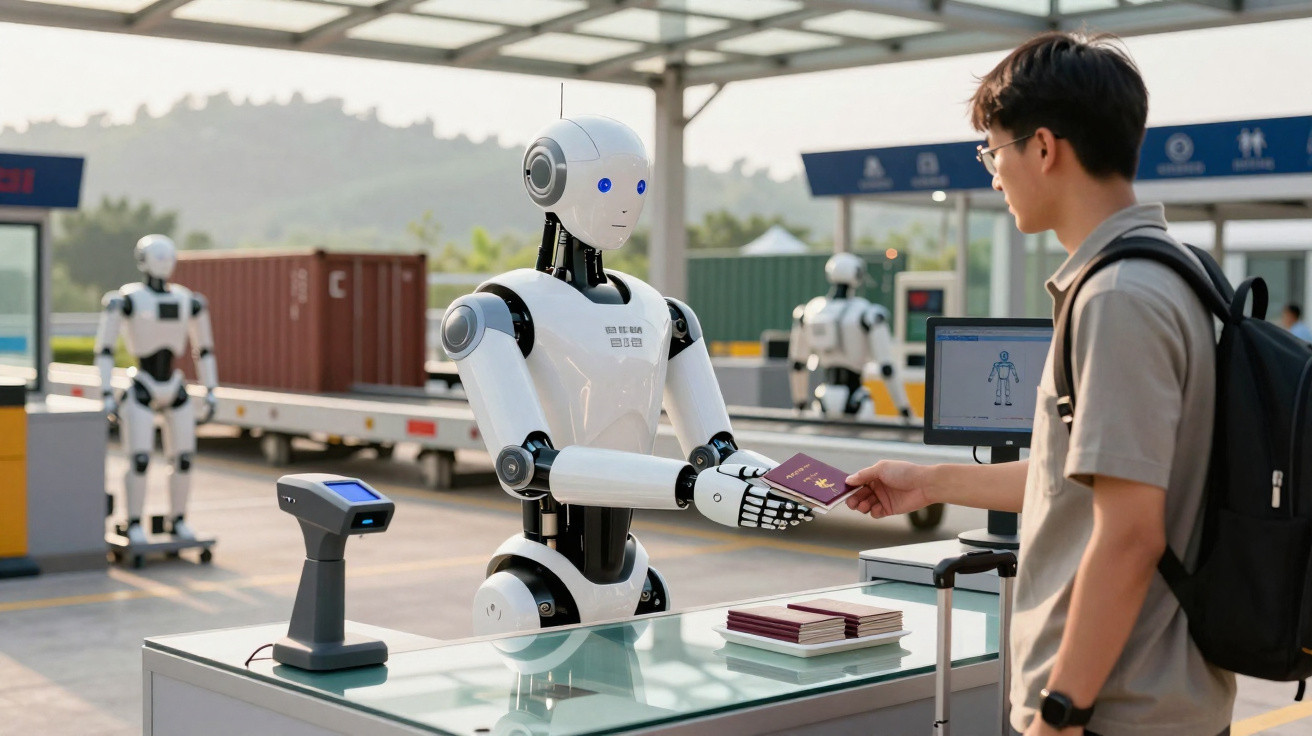 Robô a verificar passaporte de passageiro num posto de controlo automatizado de aeroporto.