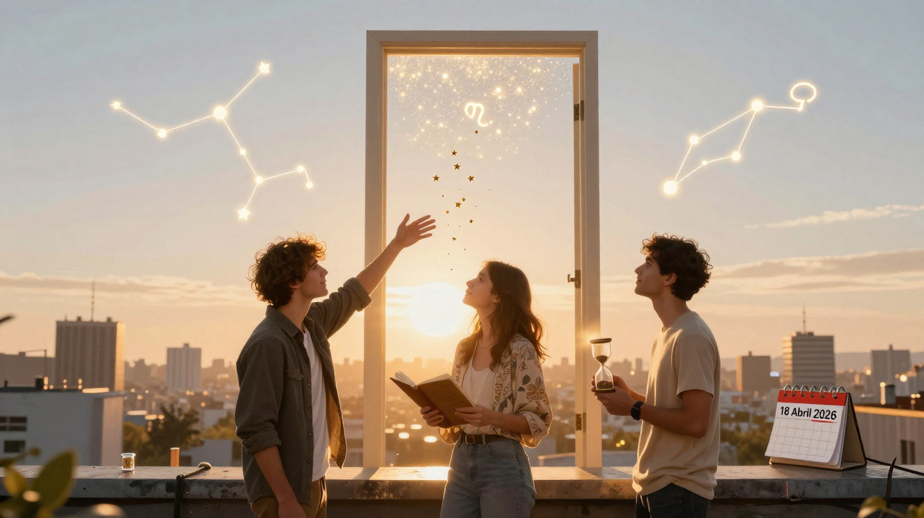 Três jovens num terraço ao pôr do sol observam constelações e símbolos astrológicos numa janela aberta.