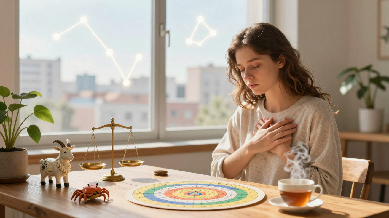 Mulher sentada a meditar com símbolos de astrologia, balança, animais e chá numa mesa junto da janela.