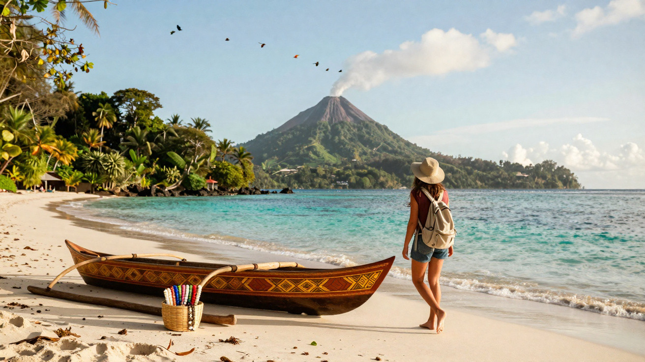 Praia tropical com canoa tradicional, mulher com chapéu e mochila, e vulcão ativo ao fundo.