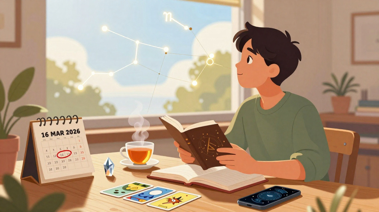 Pessoa a estudar astrologia com cartas e constelação visível através da janela em dia claro.