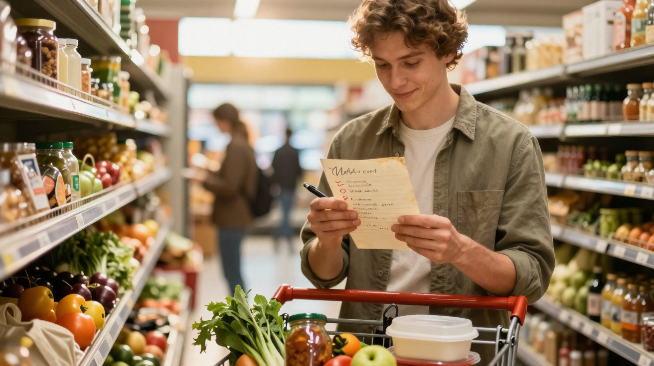 Jovem a fazer compras num supermercado, segurando uma lista e empurrando um carrinho com legumes e frutas.