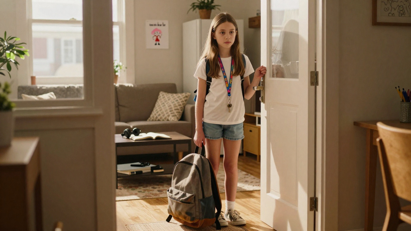 Menina com mochila e medalha na mão abre a porta de casa, com sofá e mesa ao fundo iluminados pela luz natural.