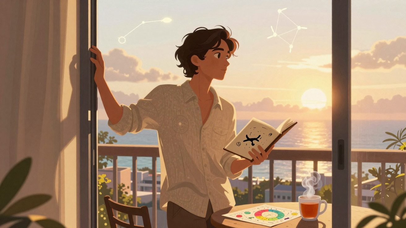 Jovem lê livro na varanda ao pôr do sol, com chá quente e cartas sobre a mesa, olhando para o horizonte.