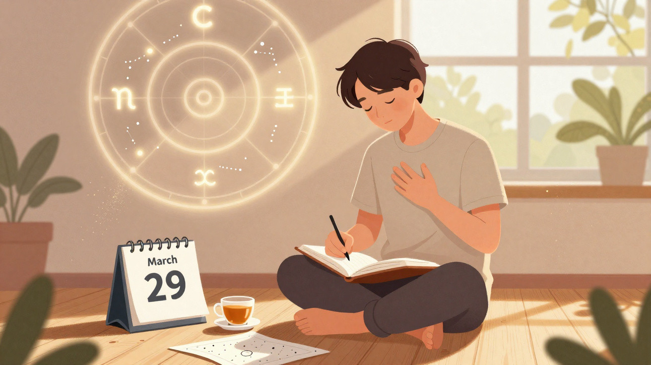 Rapaz sentado no chão a escrever num caderno, com calendário, chá, plantas e símbolos de astrologia na parede.