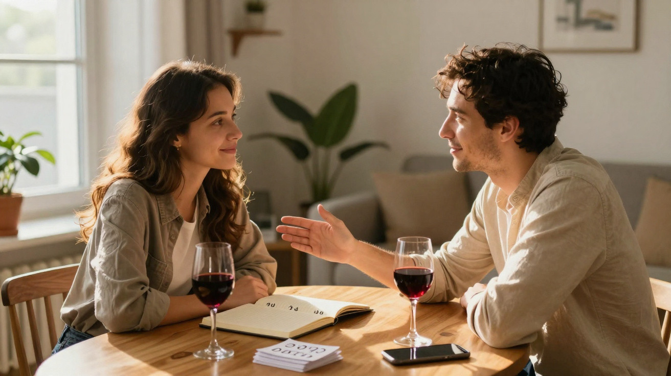 Casal sentado à mesa a conversar, com copos de vinho tinto e caderno aberto, num ambiente acolhedor.