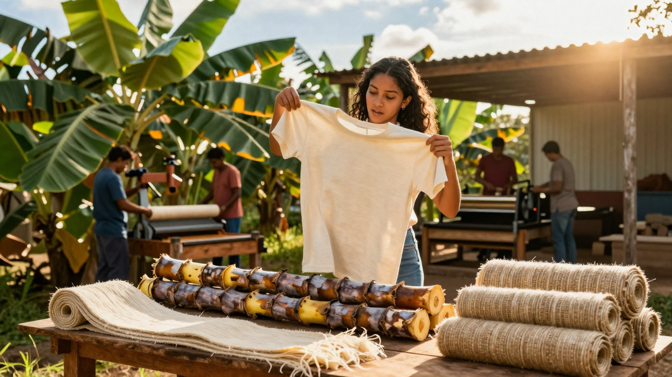 Mulher observa t-shirt numa fábrica artesanal com tecidos naturais e troncos ao ar livre, rodeada de trabalhadores.