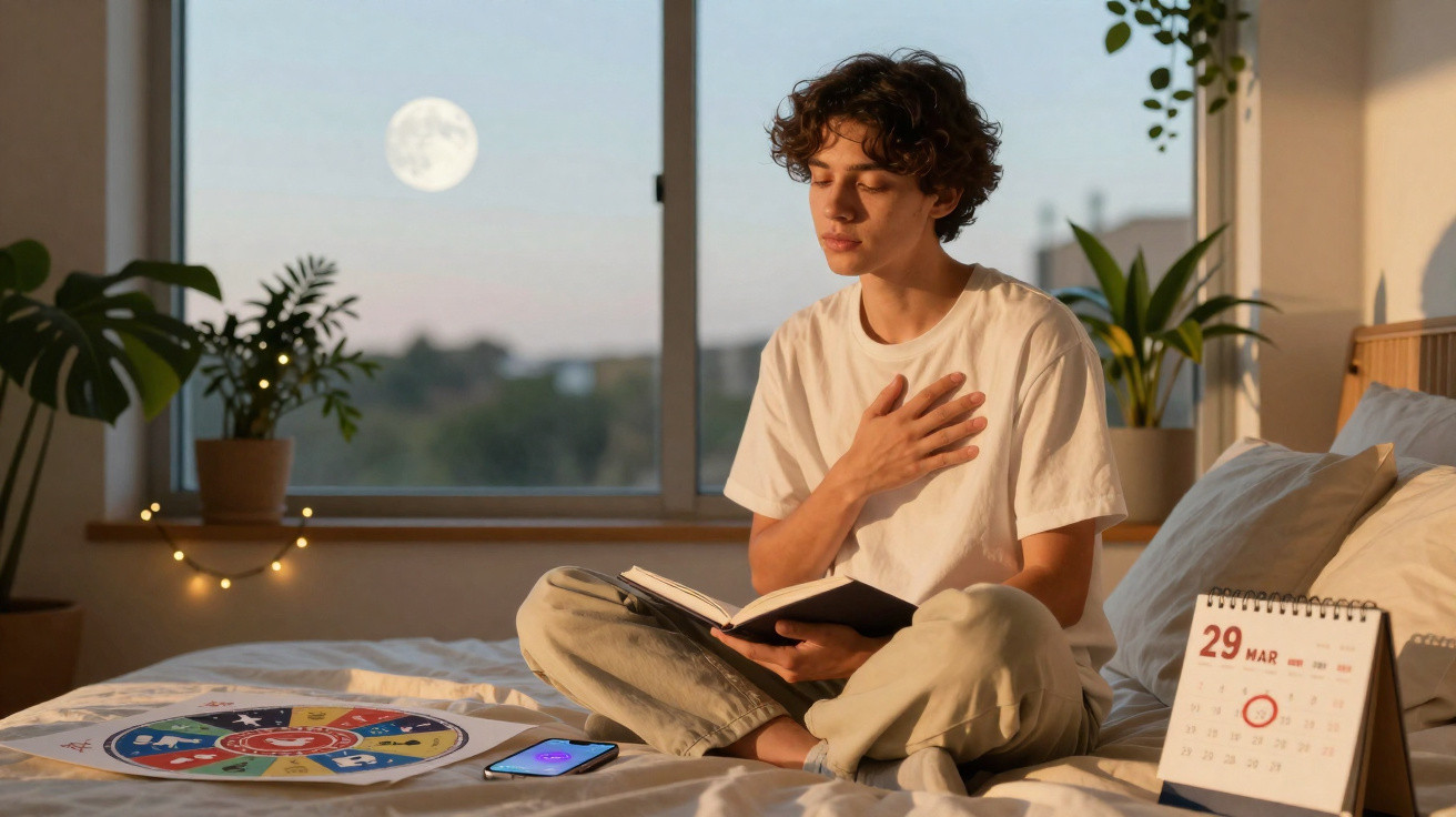 Jovem sentado na cama com olhos fechados, mão no peito, lendo livro, com calendário e luar ao fundo.