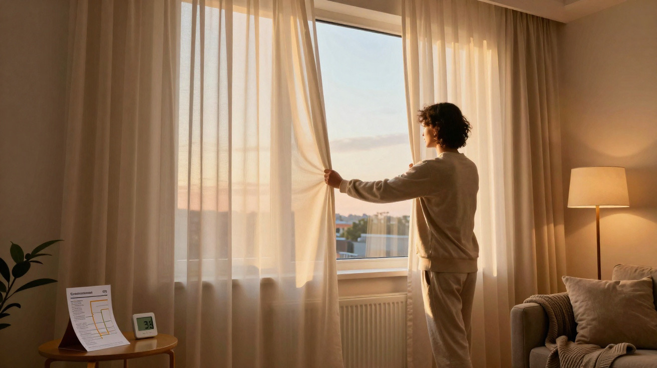 Pessoa a abrir cortinas transparentes num quarto acolhedor, com luz natural e decoração suave.
