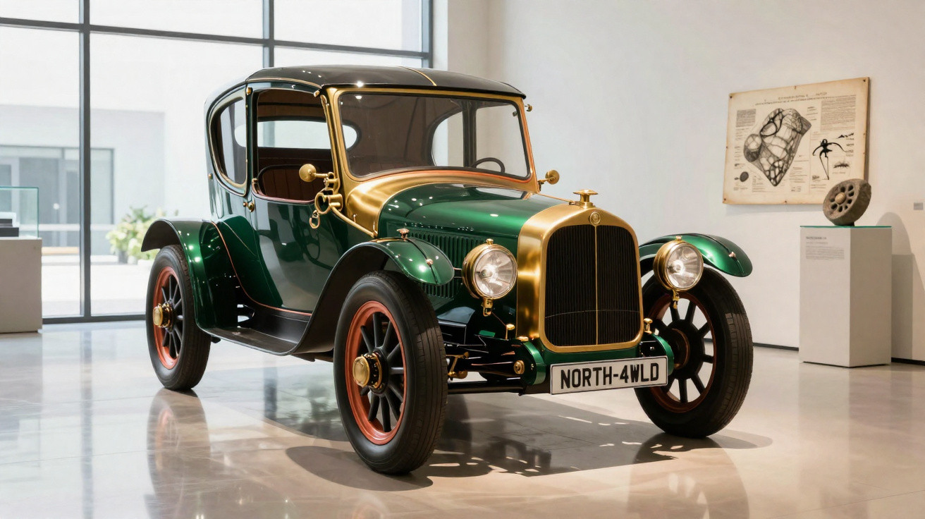 Carro clássico verde com detalhes dourados em exposição num museu moderno com iluminação natural.