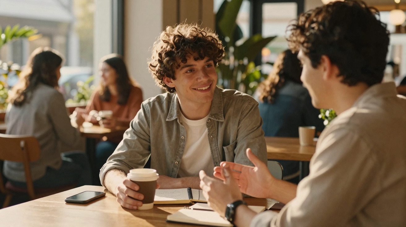Dois jovens conversam animadamente numa cafetaria, com café e cadernos à sua frente.