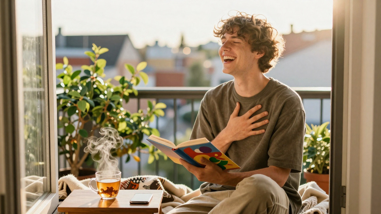 Jovem sorridente sentado numa varanda, a ler um livro e a desfrutar de uma chávena de chá quente.