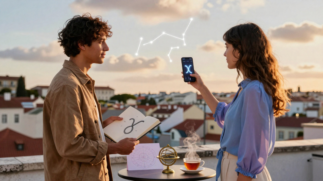 Jovem com caderno e mulher com telemóvel observam constelação no céu ao pôr do sol numa varanda urbana.