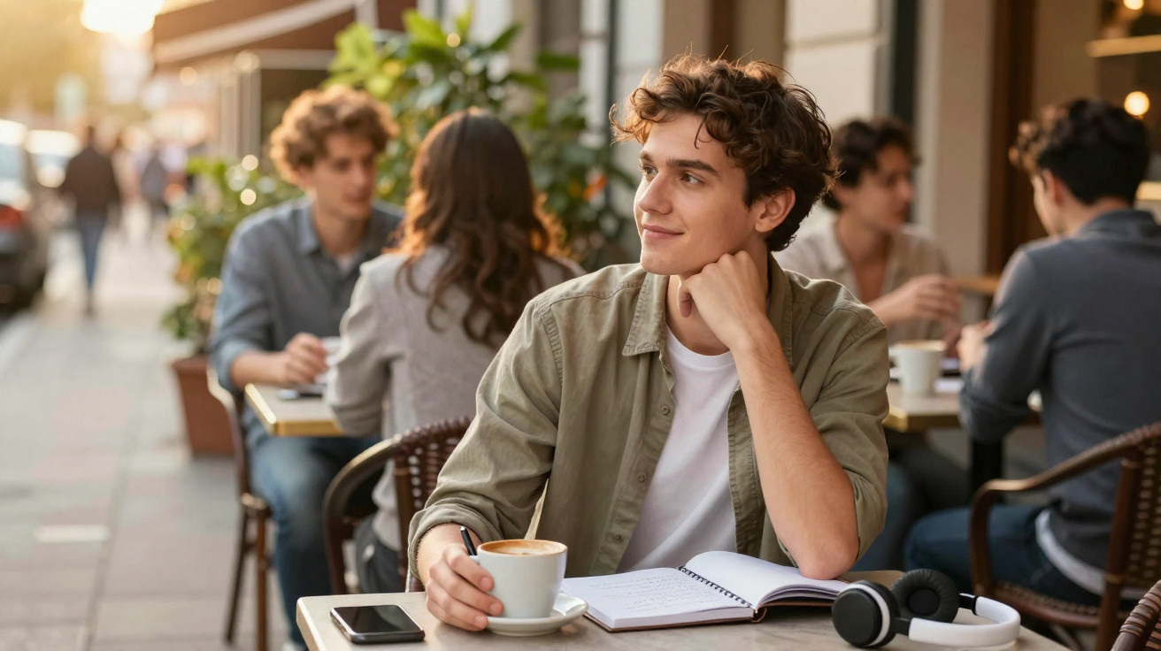 Jovem sentado numa esplanada com chávena de café, a olhar para o lado, com caderno aberto e auscultadores na mesa.