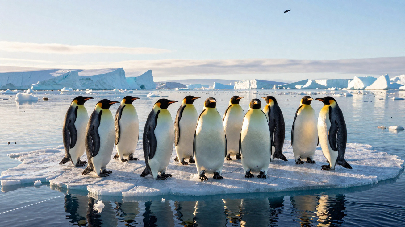 Grupo de pinguins-imperador em bloco de gelo rodeado de água e icebergs ao fundo.