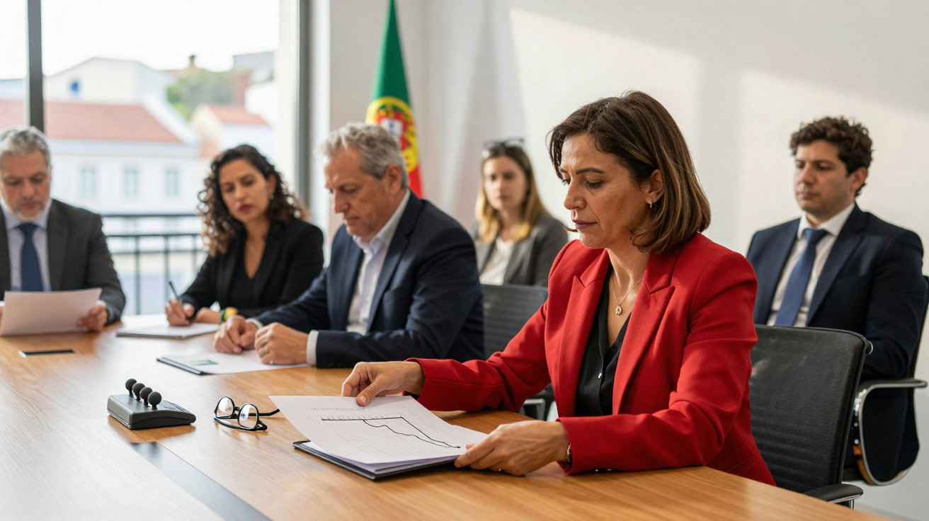 Grupo de cinco pessoas em reunião formal, mulher de vermelho analisa gráfico em papel numa sala com bandeira de Portugal.