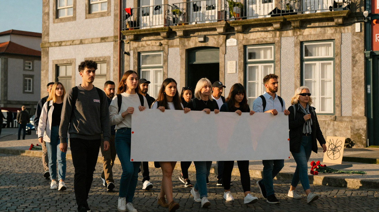 Grupo de jovens a marchar numa rua de calçada, segurando um cartaz em branco, junto a edifício antigo.