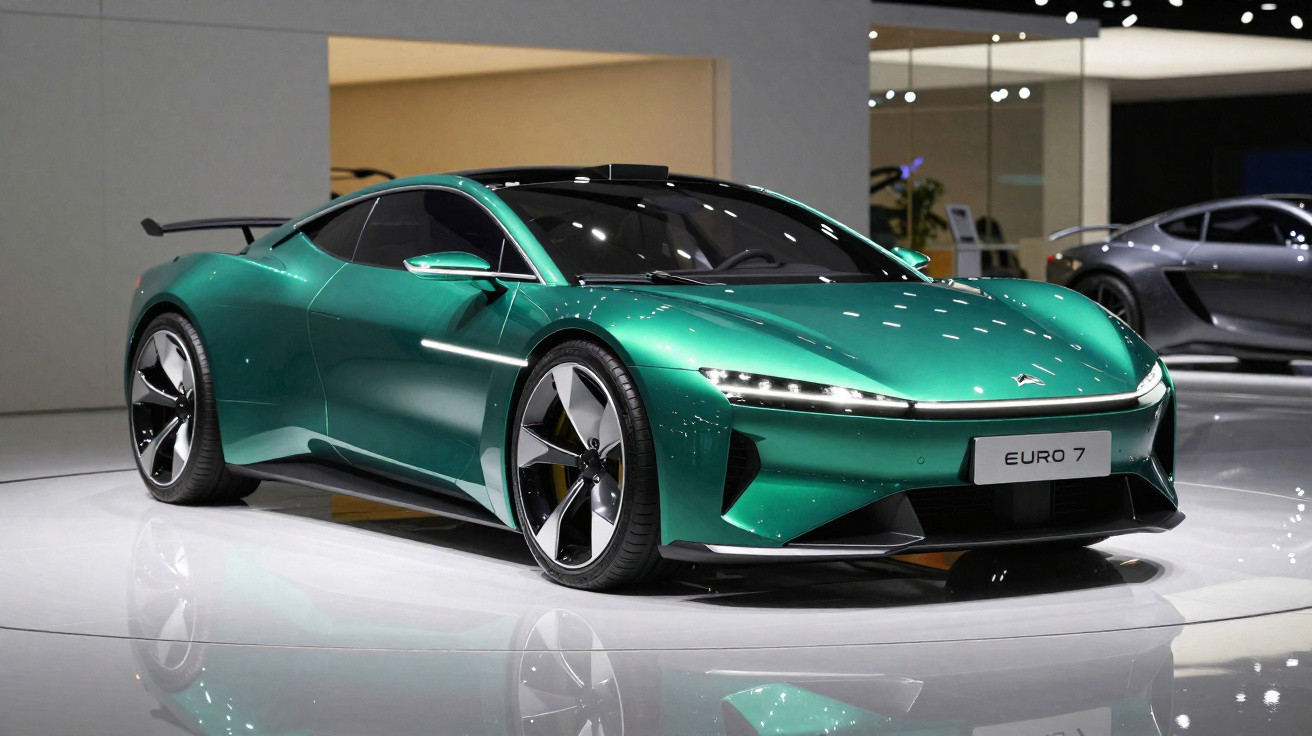 Carro desportivo elétrico verde metálico com design aerodinâmico exibido em salão automóvel.