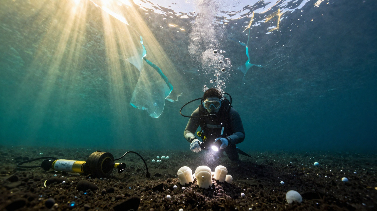 Mergulhador a investigar cogumelos brancos no fundo do oceano com luz, ao lado de equipamento subaquático.